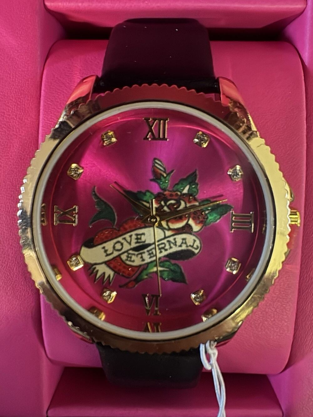 Ed Hardy Love Eternal Women's Quartz Watch Pink Hearts Dial Black Leather